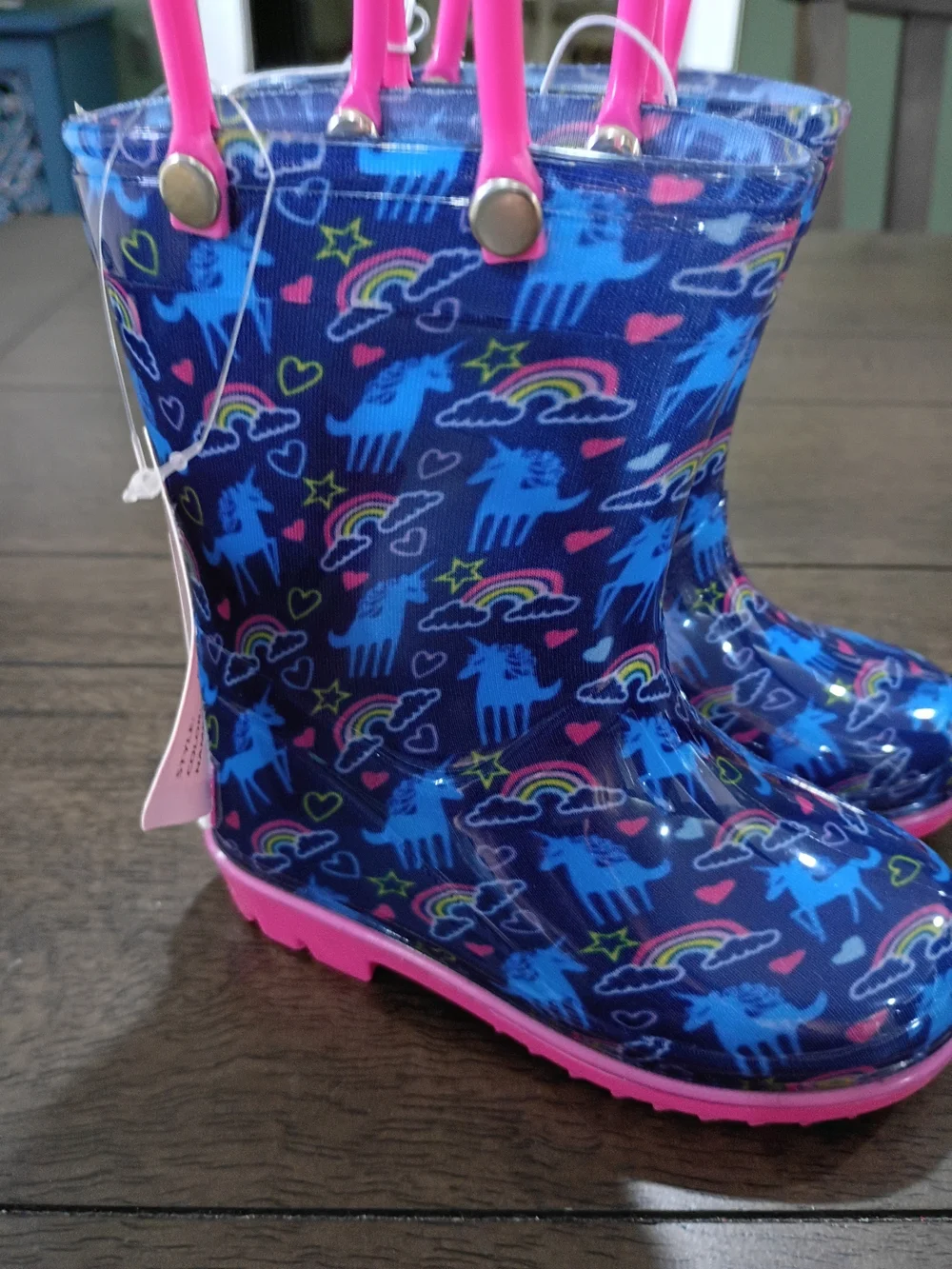 London Fog Kids Rain Boots - Navy with Pink Soles and Handles